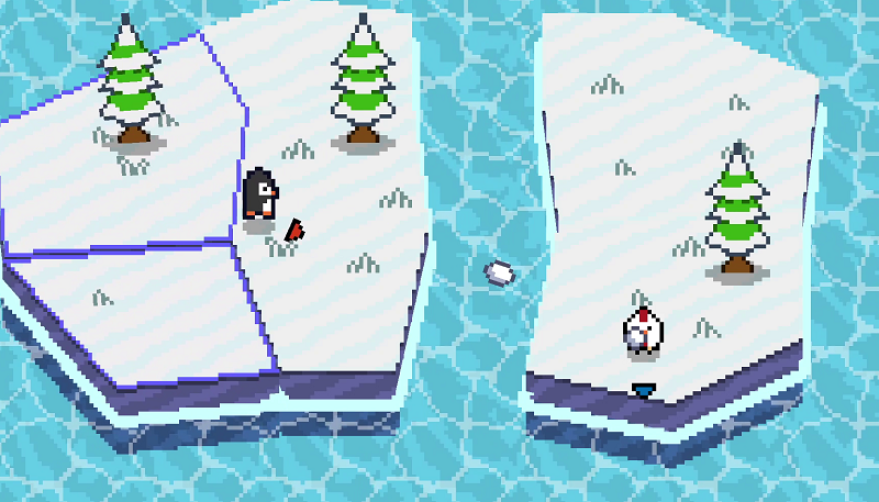 A gameplay screenshot of cluck getting almost hit by a snowball.